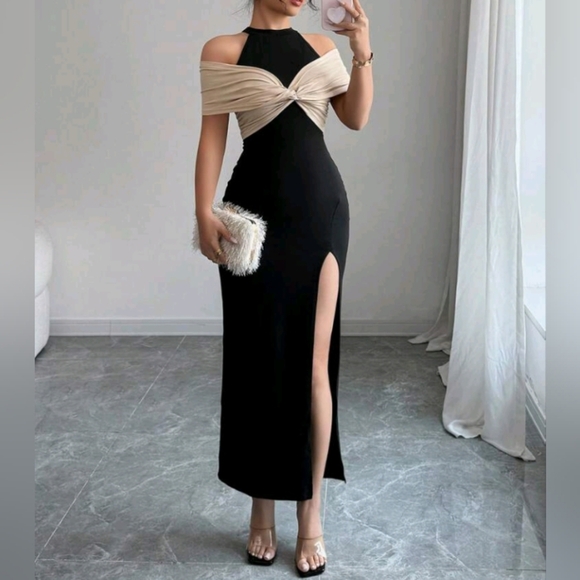 Elegant Black & Beige Color Block Backless High Slit Dress - Picture 1 of 6